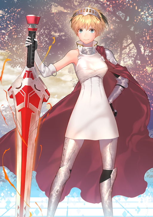 1girl armor armored_boots armored_gloves armored_legwear asymmetrical_armor asymmetrical_gloves black_gloves black_leggings blonde_hair boots bracer breasts cape closed_mouth dress elbow_gloves fate/grand_order fate_(series) feet_out_of_frame game_cg gareth_(fate) gareth_(swimsuit_saber)_(fate) gareth_(swimsuit_saber)_(third_ascension)_(fate) gloves glowing glowing_weapon gorget green_eyes hand_on_hilt hand_on_own_hip hand_up high_collar huge_weapon leggings legs_apart looking_at_viewer medium_breasts mismatched_gloves nekotawawa official_art pauldrons planted planted_sword planted_weapon red_cape robigus_ironside short_dress short_hair shoulder_armor side_cape single_bare_shoulder single_pauldron sleeveless sleeveless_dress smile solo standing sword third-party_source tree v-shaped_eyebrows weapon white_dress white_gloves