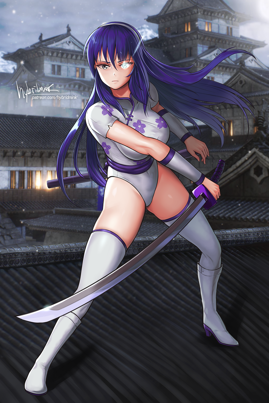 1girl boots breasts castle commentary commission commissioner_upload english_commentary expressionless fighting_stance fluora_(carlos1976) full_body glowing glowing_eye grey_eyes hairband heterochromia highres holding holding_sword holding_weapon hybridmink leotard long_hair ninja ootachi original purple_hair sheath skindentation snowing solo sword thighhighs vambraces weapon white_hairband white_leotard