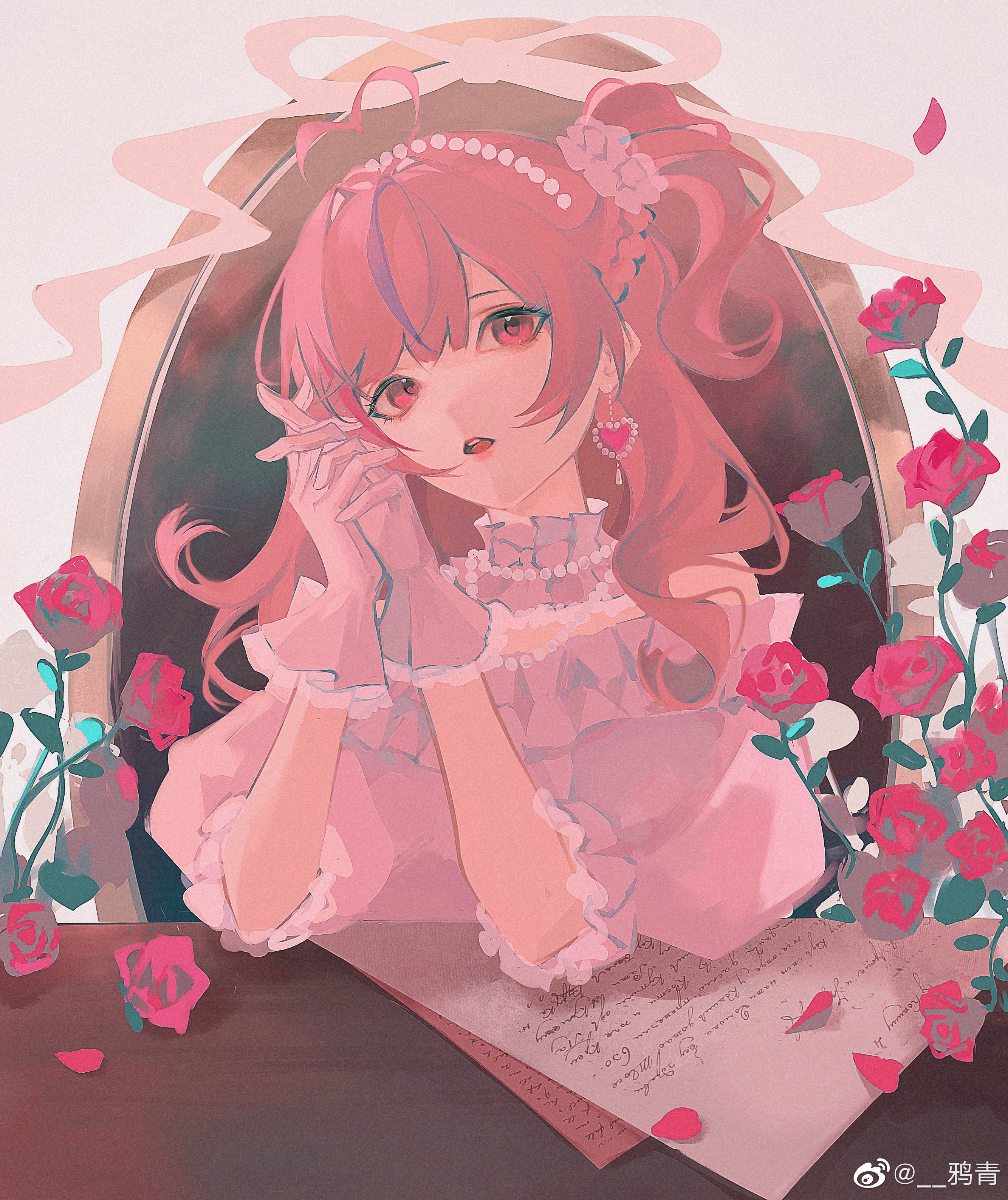 1girl absurdres ahoge braid center-flap_bangs choker commentary earrings elbow_rest elbows_on_table english_commentary flower frilled_choker frilled_gloves frills gloves hair_ornament hair_scrunchie hairband half_up_braid head_tilt heart heart_ahoge heart_earrings highres interlocked_fingers jewelry letter looking_at_viewer maria_marionette medium_hair multicolored_hair necklace nijisanji nijisanji_en off-shoulder_shirt off_shoulder one_side_up own_hands_together paper parted_lips pearl_hairband pearl_necklace picture_frame pink_choker pink_eyes pink_flower pink_gloves pink_hair pink_ribbon pink_rose pink_scrunchie pink_shirt puffy_sleeves purple_hair ribbon rose scrunchie shirt solo streaked_hair teeth three-quarter_sleeves upper_body upper_teeth_only virtual_youtuber watermark weibo_watermark white_background yaqing