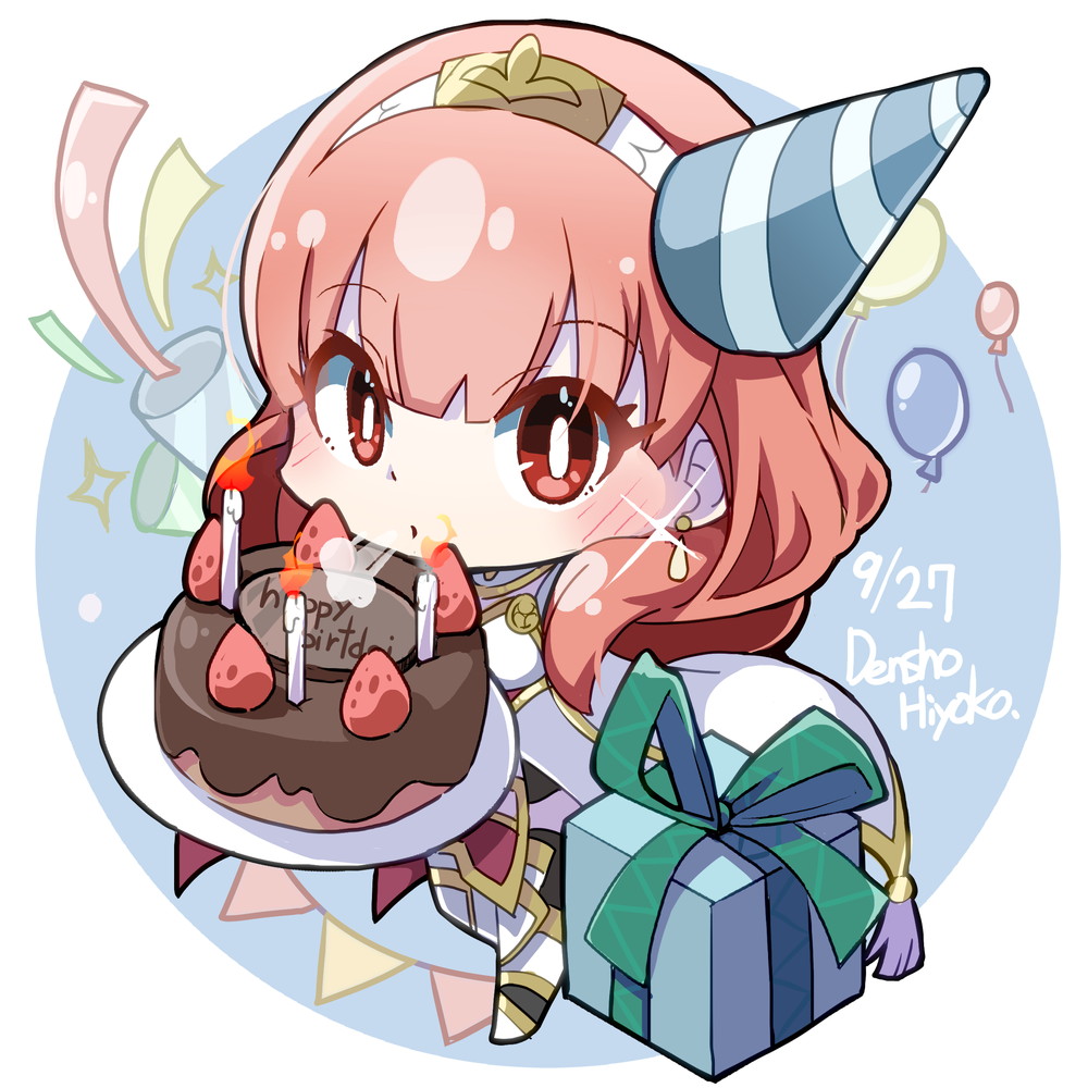 1girl anniversary balloon birthday_cake blush cake candle celica_(fire_emblem) chibi chocolate_cake earrings fire_emblem fire_emblem_echoes:_shadows_of_valentia food fruit gift hat jewelry long_hair nintendo party_hat party_popper red_eyes red_hair ryoto_soukyuu strawberry tiara