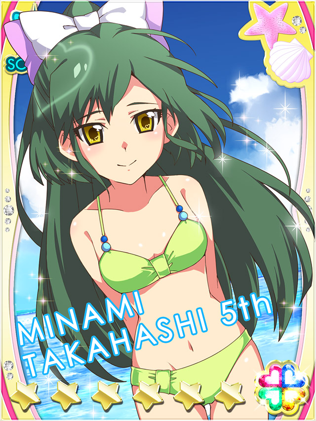 1girl akb0048 arms_behind_back bikini bow card_(medium) character_name closed_mouth cloud collarbone cowboy_shot cumulonimbus_cloud dutch_angle green_bikini green_eyes green_hair groin hair_bow heart high_ponytail long_hair looking_at_viewer navel non-web_source ocean official_art outdoors ponytail purple_bow smile solo sparkle standing star_(symbol) string_bikini summer swimsuit takahashi_minami_(akb0048) very_long_hair white_bow