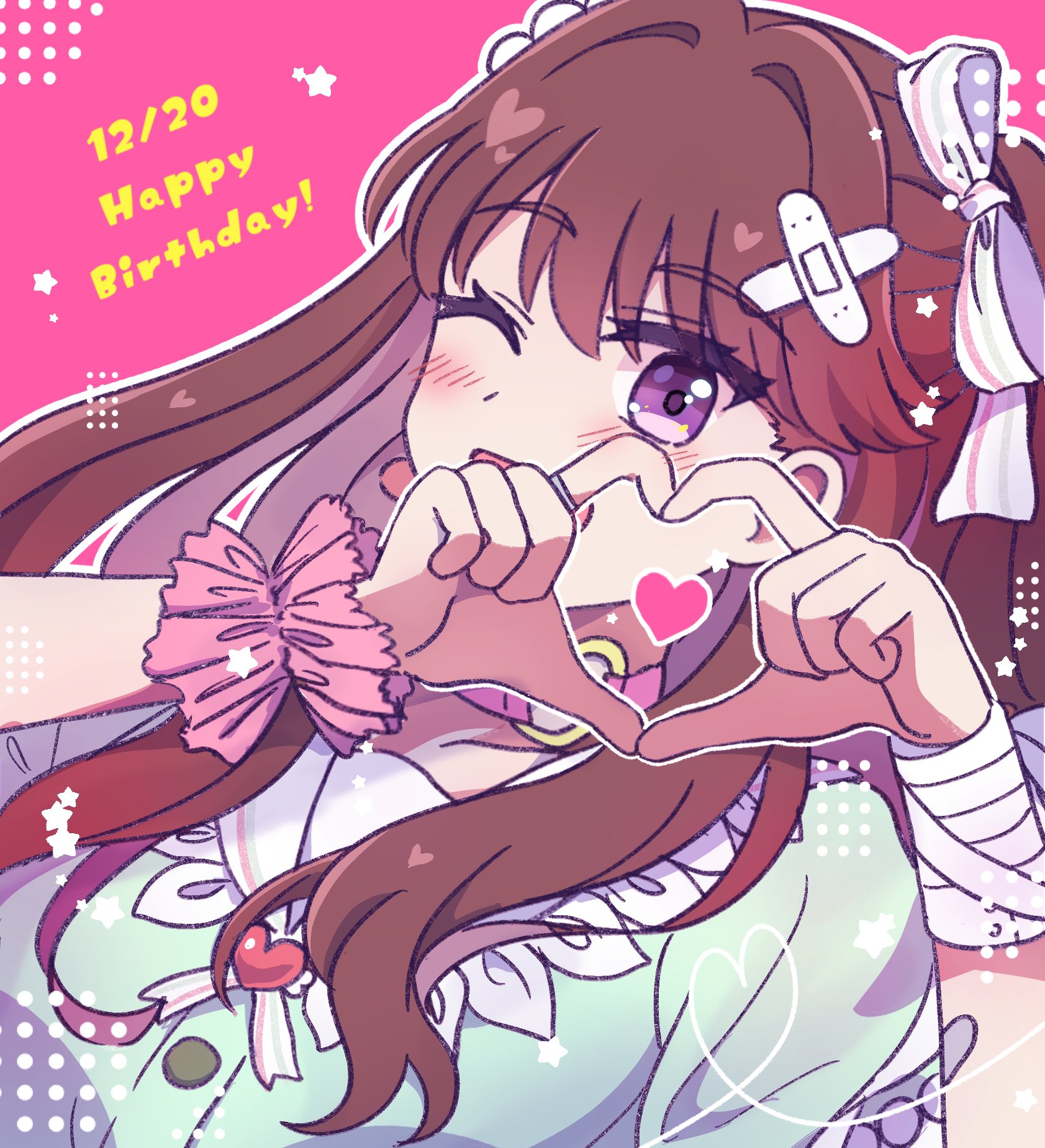 1girl four-finger_heart_hands ;d aqua_dress bandaid bandaid_hair_ornament blush brown_hair commentary_request dated dress frilled_sailor_collar frills fujishima_megumi hair_ornament hair_ribbon hakuchu_a_la_mode happy_birthday heart heart_hands heart_in_heart_hands highres link!_like!_love_live! long_hair looking_at_viewer love_live! official_alternate_costume one_eye_closed open_mouth outline pink_background purple_eyes ribbon sailor_collar sailor_dress simple_background smile solo striped_ribbon two_side_up upper_body virtual_youtuber watage_modoki white_outline white_ribbon white_sailor_collar