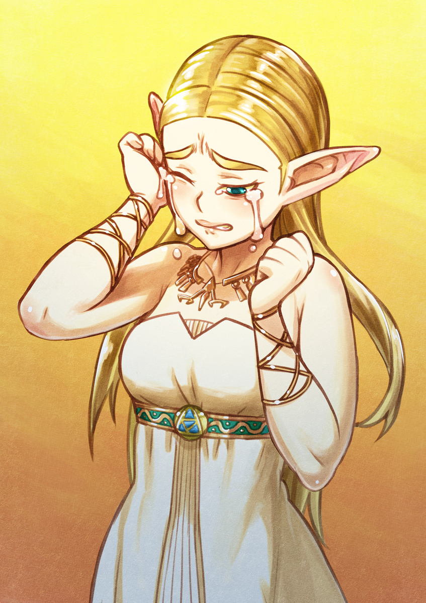 1girl bare_shoulders blonde_hair bracelet crying dress female_focus gown green_eyes highres jewelry kjech long_hair md5_mismatch necklace nintendo one_eye_closed pointy_ears princess_zelda resolution_mismatch solo source_larger tears the_legend_of_zelda the_legend_of_zelda:_breath_of_the_wild triforce upper_body wiping_tears