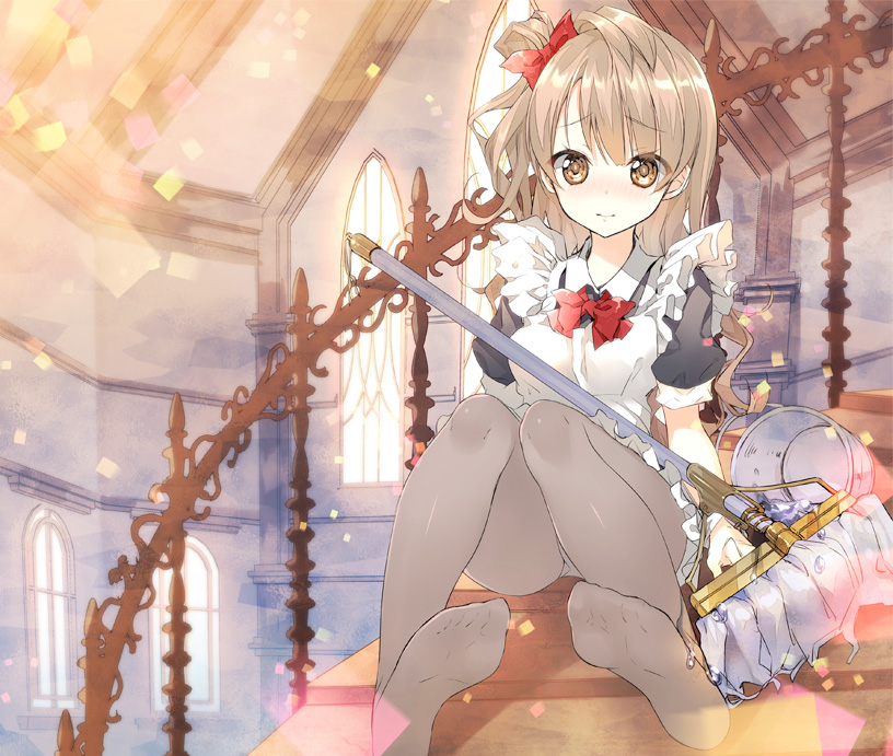 10s 1girl apron bad_id bad_pixiv_id black_pantyhose bow brown_eyes brown_hair bucket dress feet female_focus hair_bow long_hair looking_at_viewer love_live! love_live!_school_idol_project maid maid_apron minami_kotori mop no_shoes pantyhose sitting soles solo spill stairs water yadapot