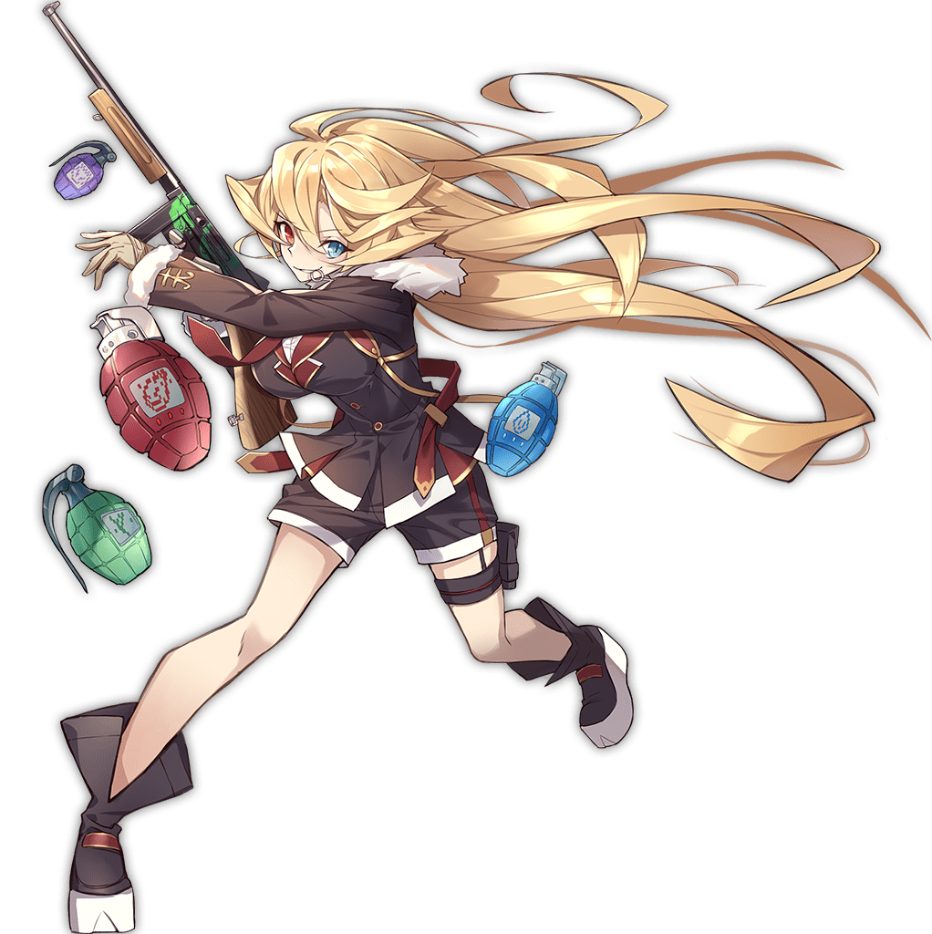 1girl ahoge ark_order black_boots black_jacket black_shorts blonde_hair blue_eyes boots breasts brown_gloves chimera_(ark_order) explosive floating_hair full_body fur-trimmed_jacket fur_trim gloves grenade grenade_pin gun hair_flaps heterochromia holding holding_gun holding_weapon holster hood hooded_jacket jacket kzhu large_breasts long_hair mouth_hold official_art red_eyes shirt shorts solo tachi-e thigh_holster thigh_strap transparent_background very_long_hair weapon weapon_request white_shirt wing_collar