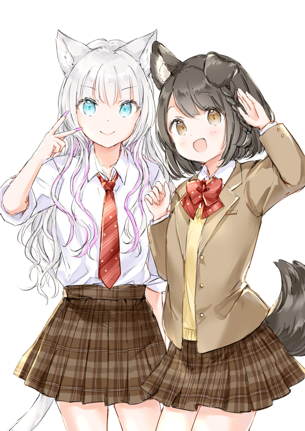 &gt;:) 2girls :d animal_ear_fluff animal_ears arm_up black_hair blue_eyes blush bow braid brown_eyes brown_jacket brown_skirt cat_ears cat_girl cat_tail closed_mouth collared_shirt commentary_request diagonal-striped_bow diagonal-striped_clothes diagonal-striped_necktie dog_ears dog_girl dog_tail gradient_hair grey_hair jacket long_hair multicolored_hair multiple_girls nail_polish necktie open_clothes open_jacket open_mouth original pink_nails plaid_clothes plaid_skirt pleated_skirt red_bow red_necktie school_uniform shirt short_sleeves simple_background skirt smile striped_clothes sweater_vest tail v-shaped_eyebrows very_long_hair wataame27 white_background white_shirt