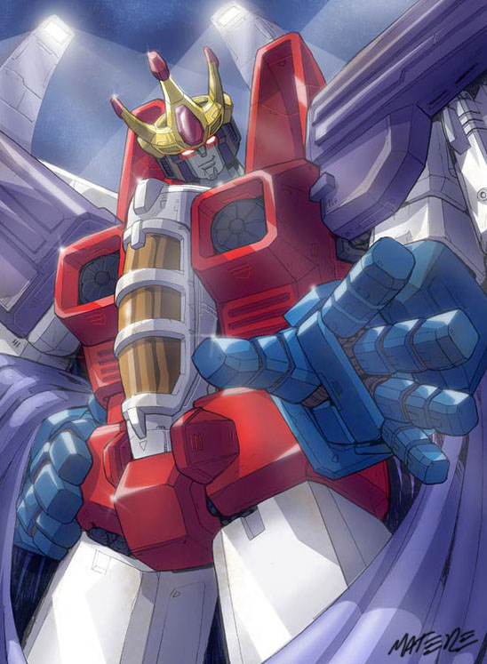 artist_name cape commentary crown decepticon english_commentary glowing glowing_eyes hand_on_own_hip head_tilt marcelo_matere mecha official_art open_hand purple_cape red_eyes robot science_fiction smile solo starscream transformers