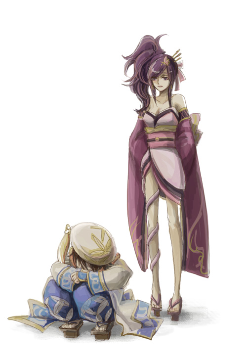 beret breasts butterfly_hair_ornament cleavage coat crossed_arms detached_sleeves hair_ornament hair_ribbon hakama hat japanese_clothes kimono legs lips long_hair long_sleeves nashinomiya nouhime obi platform_sandals purple_eyes purple_hair ribbon sandals sash sengoku_musou side_ponytail squatting takenaka_hanbei yukata