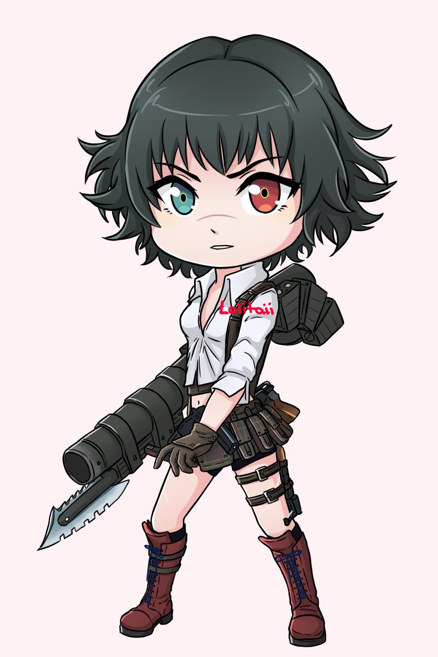1girl aii_taii bike_shorts black_hair boots brown_gloves commission deformed devil_may_cry devil_may_cry_(series) devil_may_cry_3 gloves green_eyes heterochromia highres holding holding_rocket_launcher holding_weapon kalina_ann_(weapon) lady_(devil_may_cry) midriff red_eyes rocket_launcher scar scar_on_face scar_on_nose shirt signature simple_background weapon white_shirt