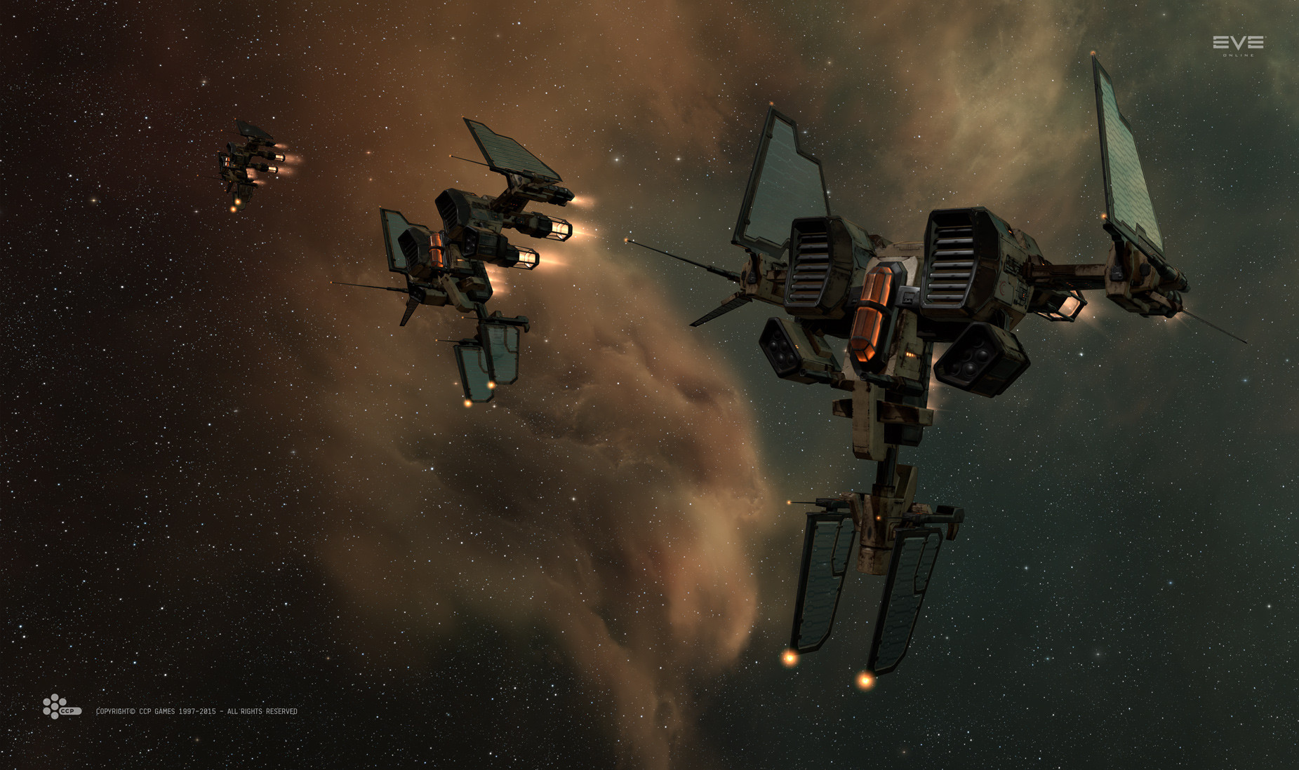 3d canopy_(aircraft) commentary company_logo company_name copyright_logo copyright_name dated eve_online fleet flying glowing heavy_fighter_(eve_online) highres logo military_vehicle minmatar_republic_(eve_online) nebula no_humans official_art outdoors radio_antenna realistic salvo_(willem_van_biljon) science_fiction sky space spacecraft star_(sky) starfighter starry_sky starry_sky_background thrusters tyrfing_(eve_online) vehicle_focus
