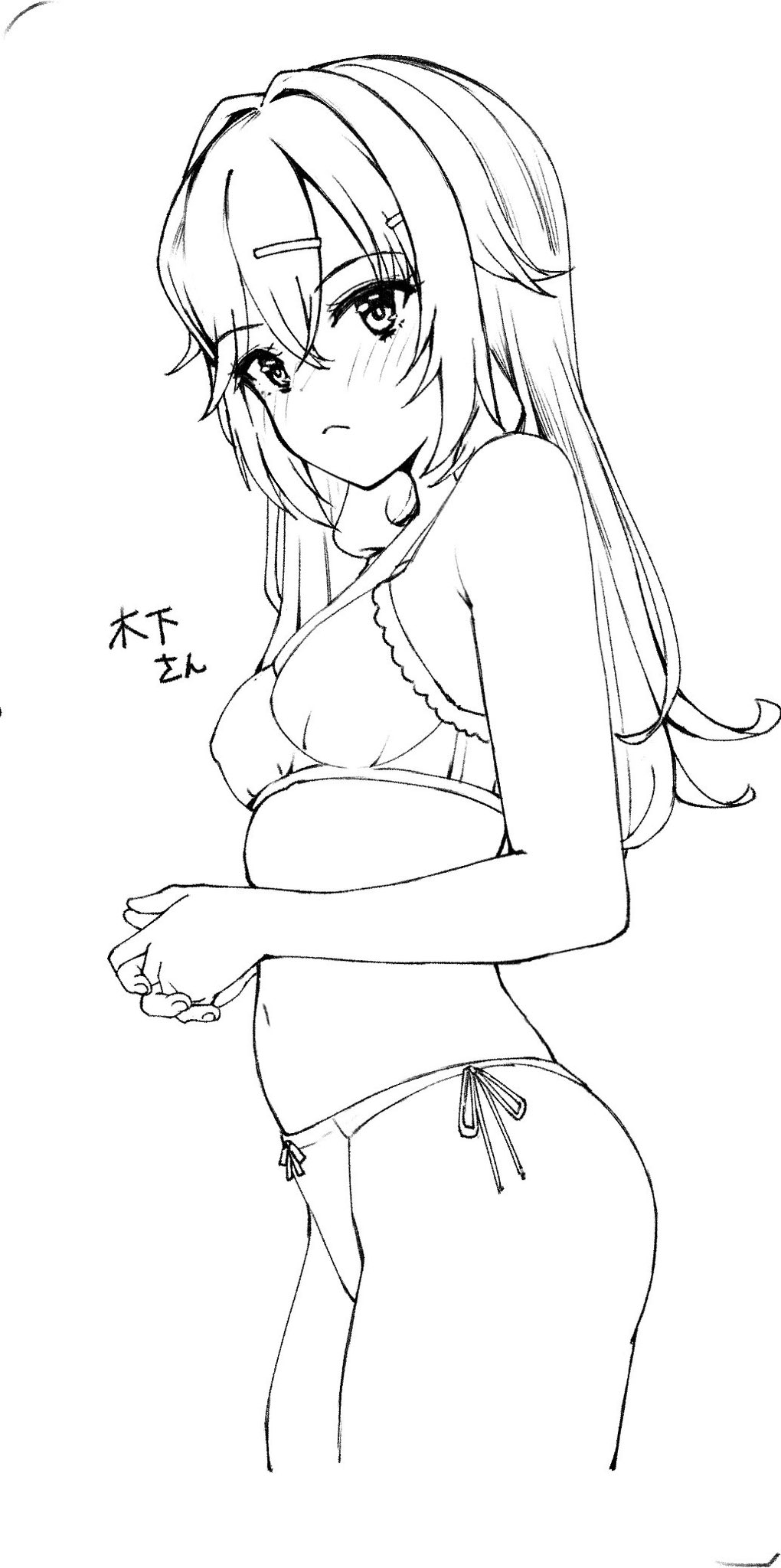 1girl bikini blush breasts character_name closed_mouth commentary_request cowboy_shot crossed_bangs eyelashes from_side frown hair_between_eyes hair_intakes hair_ornament hairclip hands_up highres kinoshita_kaede long_hair looking_at_viewer monochrome navel own_hands_together side-tie_bikini_bottom simple_background sketch small_breasts solo swimsuit tenshi_souzou_re-boot! tft_(tft7822) translated tsurime white_background
