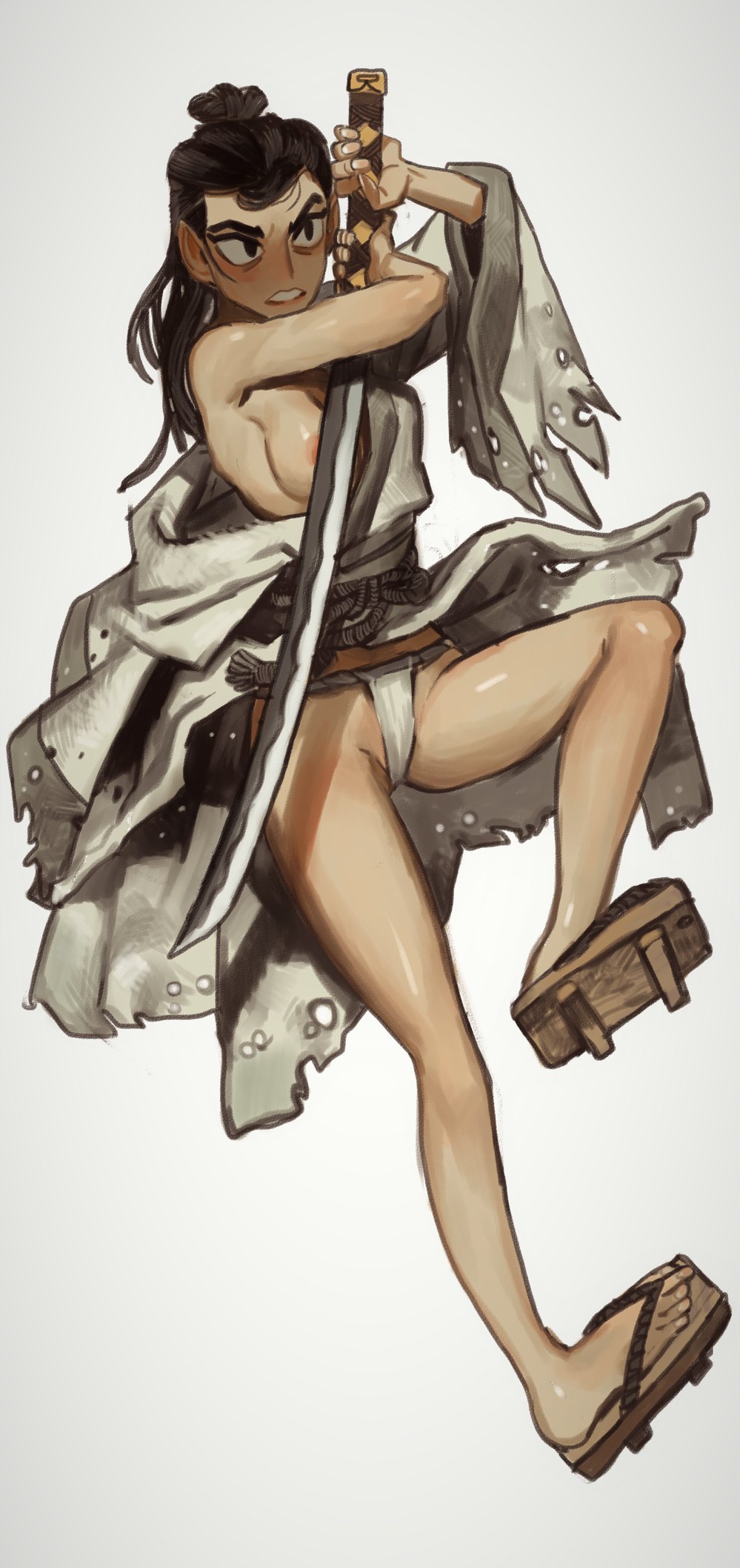 1girl arm_out_of_sleeve armpits black_eyes black_hair breasts clenched_teeth full_body fundoshi genderswap genderswap_(mtf) geta hadanugi_dousa hair_bun highres holding holding_sword holding_weapon japanese_clothes katana kimono medium_breasts mossacannibalis nipple_slip nipples off_shoulder open_clothes open_kimono parted_lips samurai_jack samurai_jack_(character) sandals sanpaku simple_background single_hair_bun solo sword teeth torn_clothes two-handed weapon white_background