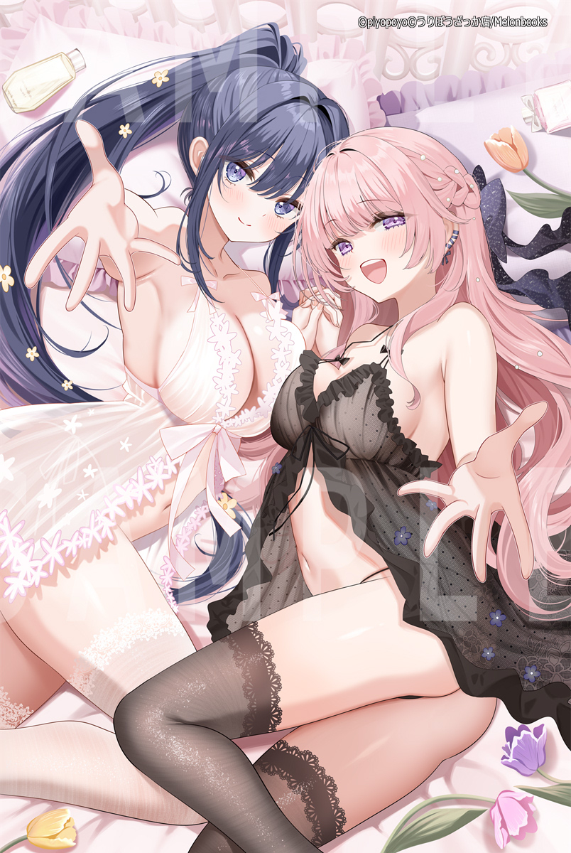 2girls armpits babydoll bare_shoulders black_babydoll black_hair blue_eyes bow braid breasts brown_thighhighs cleavage closed_mouth commentary_request hair_bow highres large_breasts long_hair looking_at_viewer lying multiple_girls navel open_mouth original outstretched_arm panties pink_hair piyopoyo ponytail purple_eyes smile spaghetti_strap stomach string_panties thighhighs thighs underwear very_long_hair white_babydoll white_thighhighs