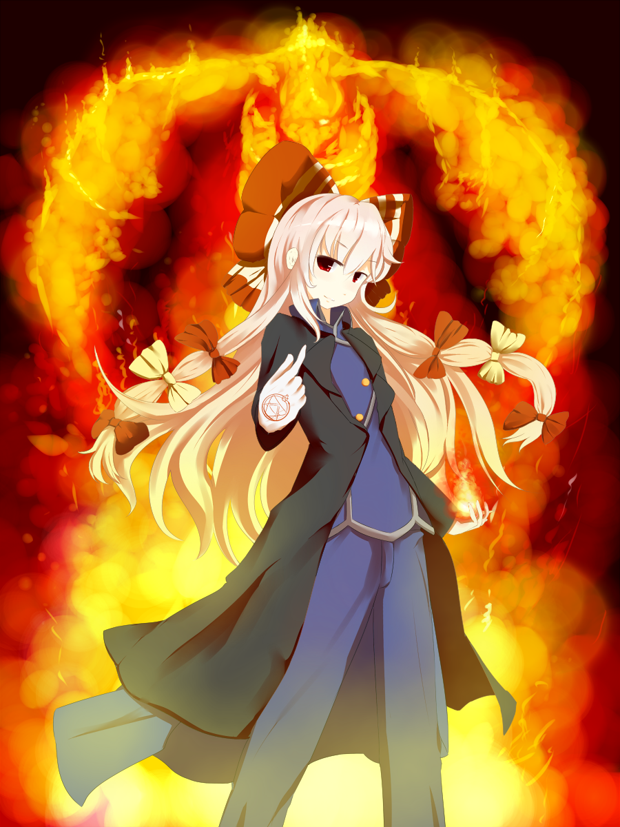 1girl alternate_costume bad_id bad_pixiv_id bird cloak cosplay female_focus fire fujiwara_no_mokou fullmetal_alchemist highres long_hair multi-tied_hair parody phoenix power_connection red_eyes roy_mustang roy_mustang_(cosplay) silver_hair solo touhou xulhey