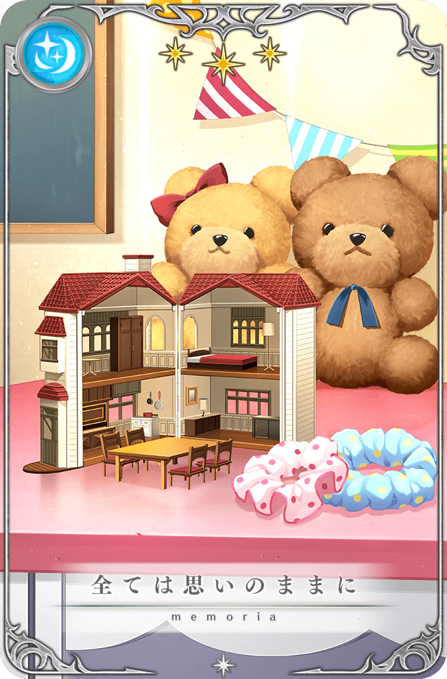 blue_scrunchie card_(medium) chair chalkboard desk doll_house game_cg indoors kuraha magia_record:_mahou_shoujo_madoka_magica_gaiden mahou_shoujo_madoka_magica no_humans object_focus official_art picture_frame pink_scrunchie polka_dot polka_dot_scrunchie scrunchie star_(symbol) string_of_flags stuffed_animal stuffed_toy table teddy_bear translated unworn_scrunchie