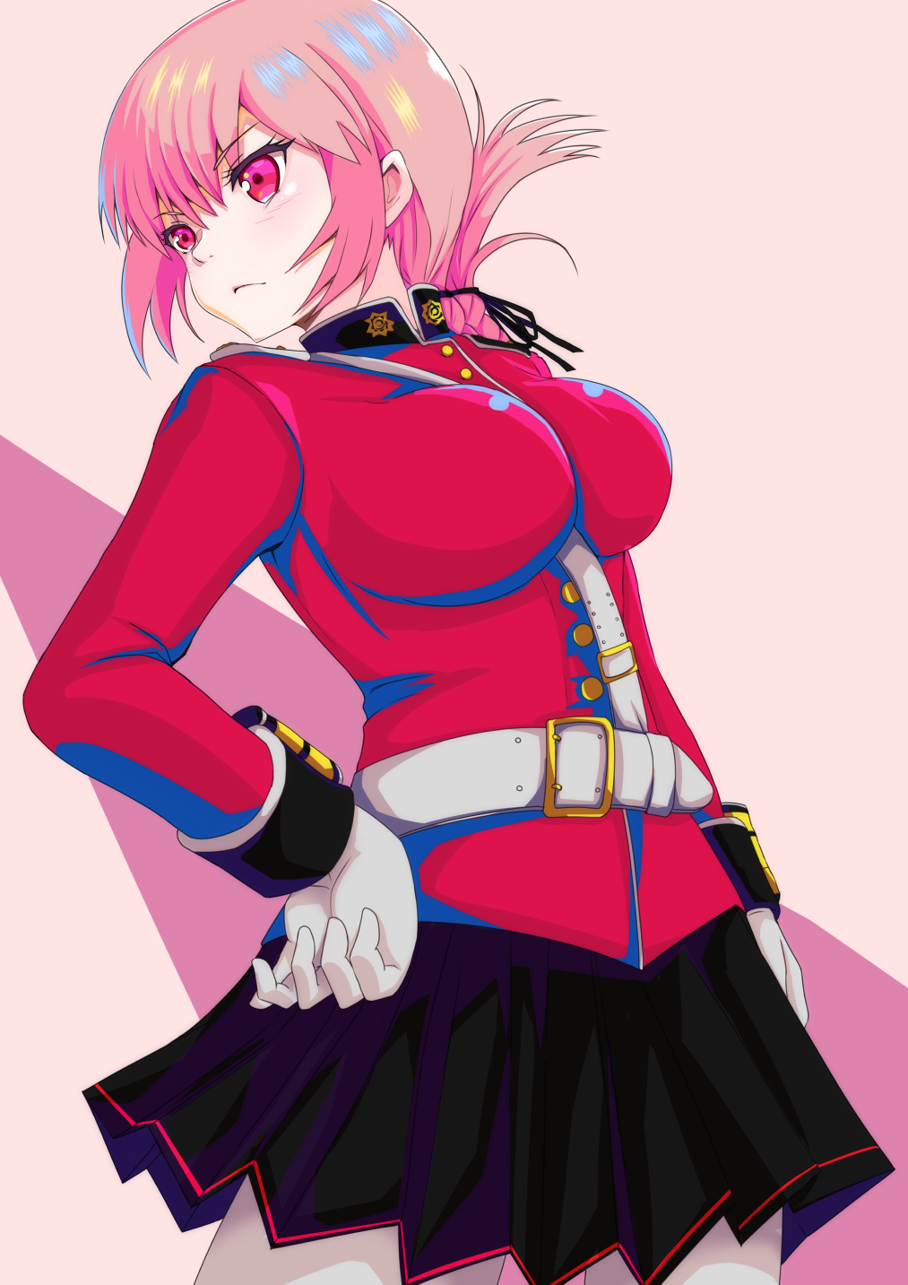 1girl belt black_skirt blush braid braided_ponytail breasts closed_mouth coat commentary_request fate/grand_order fate_(series) florence_nightingale_(fate) gloves hand_on_own_hip highres large_breasts long_hair military military_uniform pantyhose pink_hair pleated_skirt red_coat red_eyes skirt solo white_gloves white_pantyhose yuusaku_(nekorakuda)