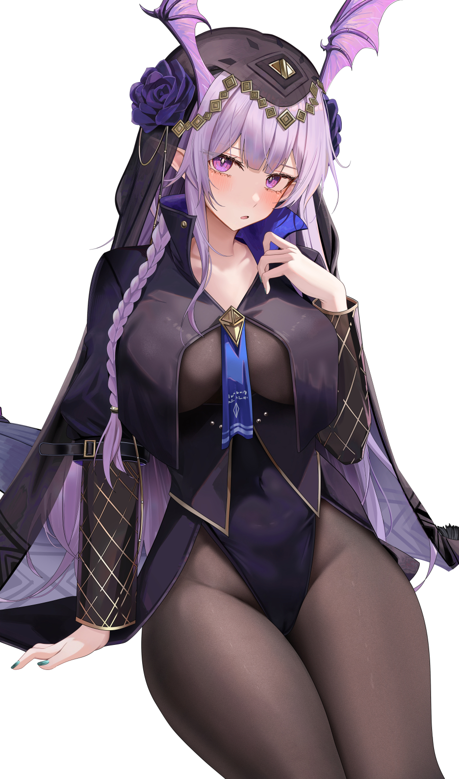 1girl arknights black_bodysuit blush bodysuit braid breast_curtains breasts covered_navel cowboy_shot flower green_nails hair_flower hair_ornament head_wings high_collar highres invisible_chair large_breasts long_hair long_sleeves looking_at_viewer manticore_(arknights) manticore_(under_a_veil)_(arknights) nail_polish official_alternate_costume open_mouth pointy_ears purple_eyes purple_flower purple_hair ru_zhai sidelocks simple_background sitting solo thighs white_background wings
