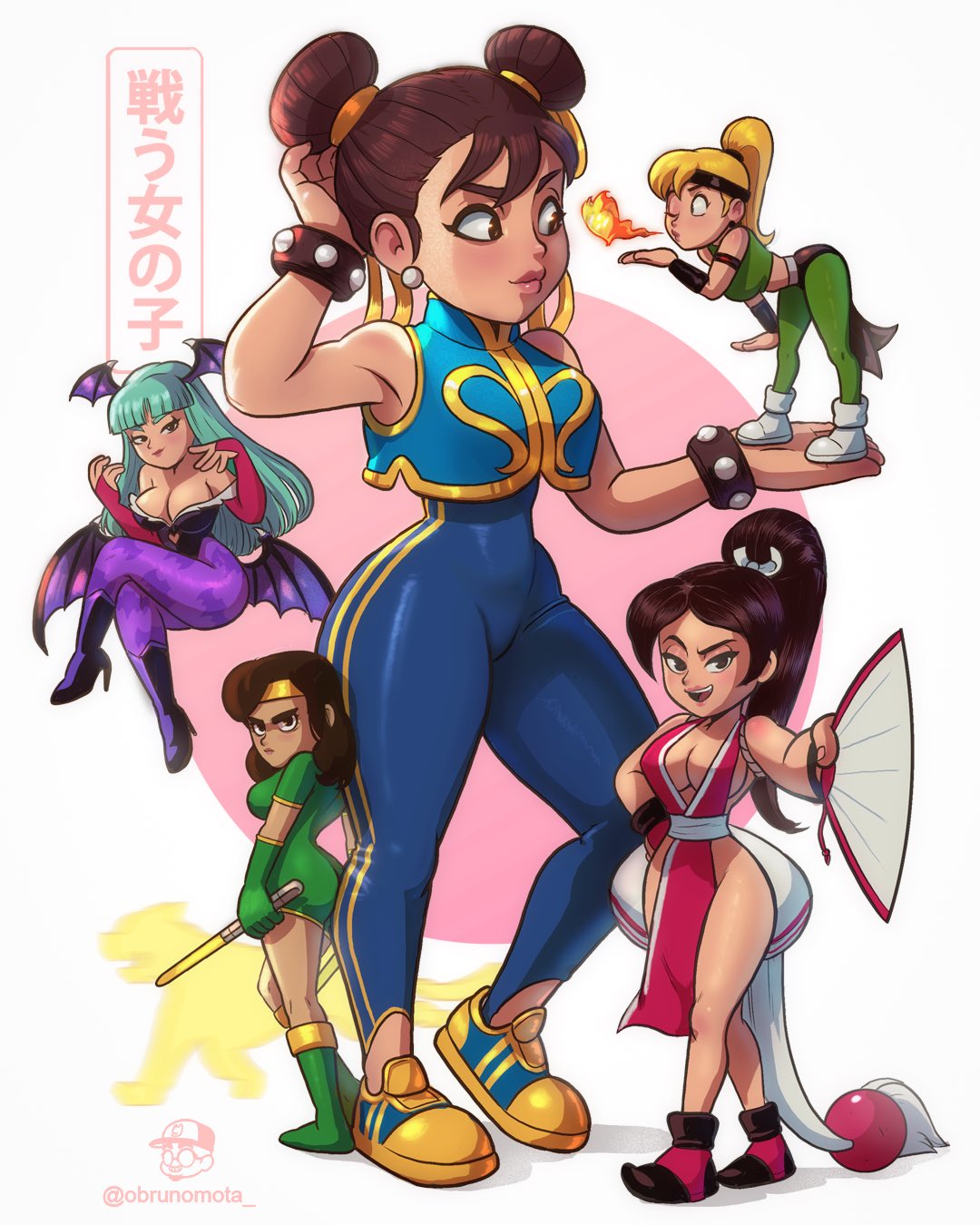 5girls ass bat_wings black_hair black_orchid blonde_hair blowing_kiss bodysuit breasts brown_hair bruno_mota capcom chun-li cleavage crossover fatal_fury fire green_hair hair_bun hand_fan highres killer_instinct large_breasts leotard long_hair minimized morrigan_aensland mortal_kombat_(series) multiple_girls ninja one_eye_closed shiranui_mai sonya_blade street_fighter the_king_of_fighters translation_request darkstalkers wings wink