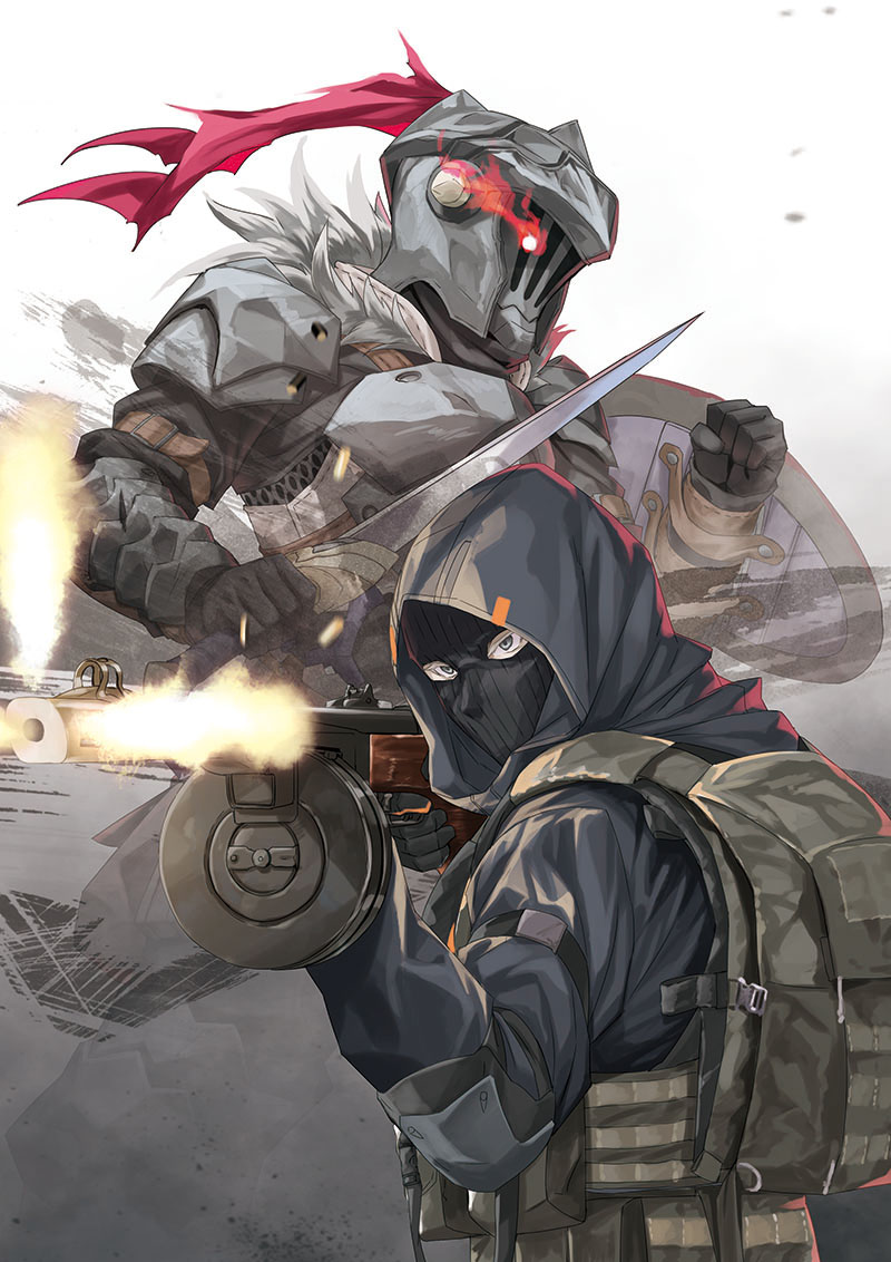 2boys arm_armor armor backpack bag black_gloves black_hood black_mask breastplate company_connection creator_connection crossover danila_kuragin eye_trail fur_trim gloves goblin_slayer goblin_slayer! grey_armor grey_helmet helmet holding holding_shield holding_sword holding_weapon kannatsuki_noboru light_trail male_focus moscow_2160 multiple_boys official_art shield short_sword sword weapon weapon_request white_background