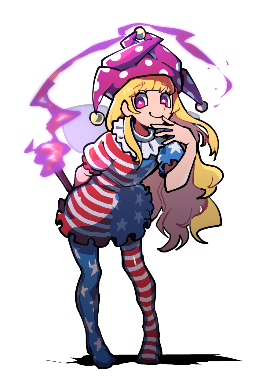 1girl american_flag_dress american_flag_legwear blonde_hair closed_mouth clownpiece dress fire full_body highres holding holding_torch iganashi1 leaning_forward long_hair looking_at_viewer one-hour_drawing_challenge pantyhose pink_eyes pink_fire short_sleeves simple_background smile solo standing star-shaped_pupils star_(symbol) star_print striped_clothes striped_dress symbol-shaped_pupils torch touhou white_background