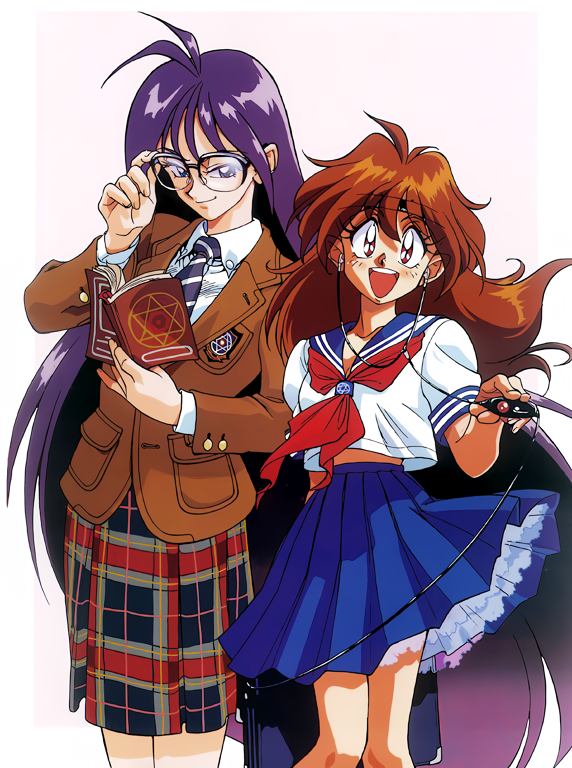 1990s_(style) 2girls adjusting_eyewear ahoge antenna_hair araizumi_rui bespectacled black-framed_eyewear black_necktie black_skirt blazer blue_sailor_collar blue_skirt blush book bookmark border brown_hair brown_jacket buttoned_cuffs buttons closed_mouth collared_shirt diagonal-striped_clothes diagonal-striped_necktie earphones feet_out_of_frame glasses grey_skirt hand_up headphones hexagram holding holding_book jacket lapels lina_inverse long_hair long_sleeves looking_at_viewer midriff_peek multicolored_skirt multiple_girls naga_the_serpent neckerchief necktie non-web_source notched_lapels official_art open_book open_mouth outside_border over-rim_eyewear petticoat pink_background plaid_clothes plaid_skirt pleated_skirt pocket purple_hair red_neckerchief red_skirt retro_artstyle sailor_collar school_uniform semi-rimless_eyewear serafuku shirt short_sleeves simple_background skirt slayers sleeve_cuffs smile star_of_david striped_clothes teeth two-tone_necktie upper_teeth_only white_border white_necktie white_shirt white_stripes