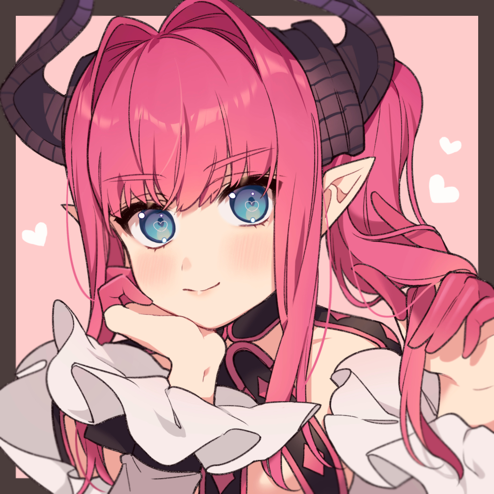 1girl alternate_hairstyle black_border blue_eyes border closed_mouth dragon_girl dragon_horns elizabeth_bathory_(fate) elizabeth_bathory_(fate/extra) fate/extra fate/extra_ccc fate_(series) hair_intakes hand_in_own_hair hands_up head_rest heart heart_in_eye horns karokuchitose light_blush long_hair long_sleeves looking_at_viewer pink_background pink_hair pointy_ears simple_background smile solo symbol_in_eye twintails upper_body white_sleeves