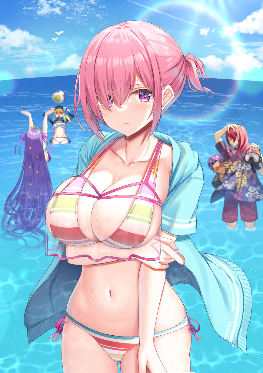 2boys 3girls arms_up artoria_pendragon_(fate) ball bb_(fate) bb_(swimsuit_mooncancer)_(fate) beachball bikini black_shirt blonde_hair blue_jacket blue_sky breasts character_request closed_mouth cloud collarbone commentary_request day fate/grand_order fate_(series) floral_print hair_ornament hair_over_one_eye highres horizon jacket kanikou lancelot_(fate/grand_order) lancelot_(strongest_knight_of_summer)_(fate) large_breasts long_hair looking_at_viewer mash_kyrielight mash_kyrielight_(swimsuit_of_perpetual_summer_ver.02) multiple_boys multiple_girls mysterious_heroine_x_(fate) mysterious_heroine_xx_(fate) navel ocean official_alternate_costume open_clothes open_jacket outdoors pink_hair print_shirt purple_eyes purple_hair red_hair shirt short_hair side-tie_bikini_bottom sky solo_focus standing star_(symbol) star_hair_ornament striped_bikini striped_clothes sunglasses sunlight swimsuit tristan_(chicken_of_luluhawa)_(fate) tristan_(fate) very_long_hair wet wet_hair white_bikini