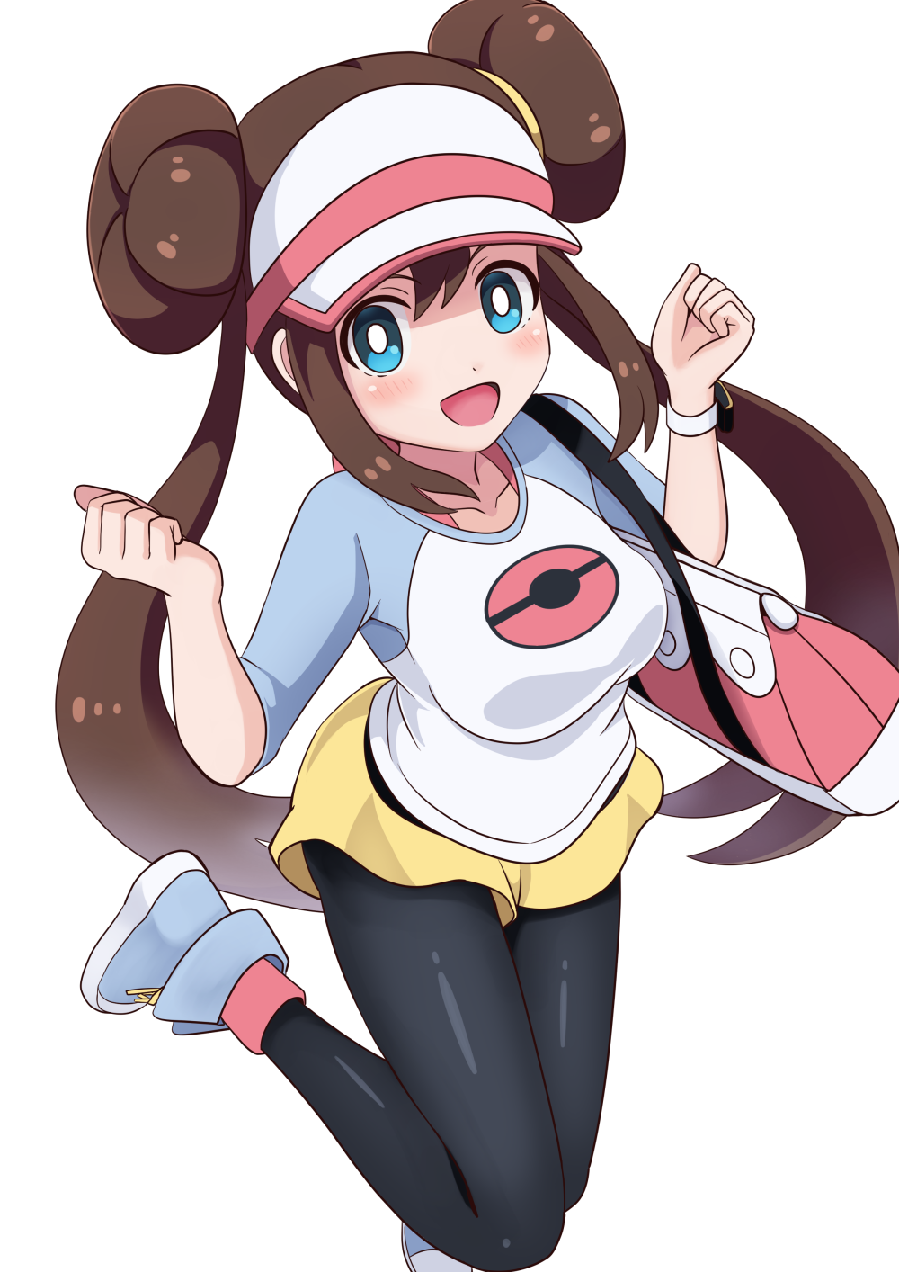 1girl :d bag black_pantyhose blue_eyes blue_shoes breasts bright_pupils brown_hair commentary_request double_bun hair_bun hands_up happy highres long_hair nintendo ootori_(kyoya-ohtori) open_mouth pantyhose pink_bag pink_socks pokemon pokemon_bw2 raglan_sleeves rosa_(pokemon) shirt shoes shorts simple_background smile socks solo twintails visor_cap white_background white_pupils yellow_shorts