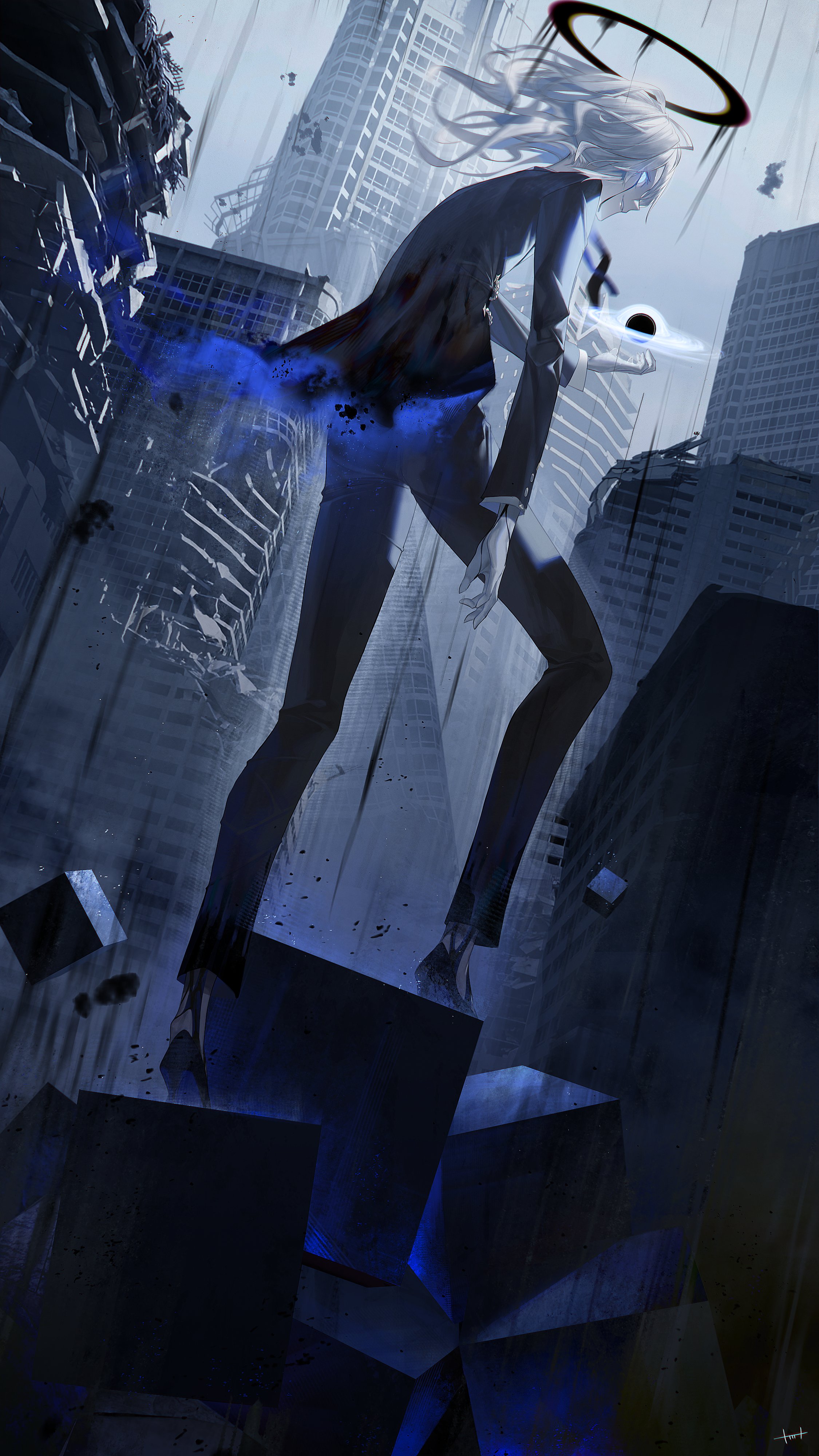 1boy absurdres aura black_footwear black_halo black_jacket black_pants blood building city debris from_below glowing glowing_eyes halo highres jacket long_hair magic original outdoors pale_skin pants rubble scenery skyscraper solo solo_focus standing tmt white_hair