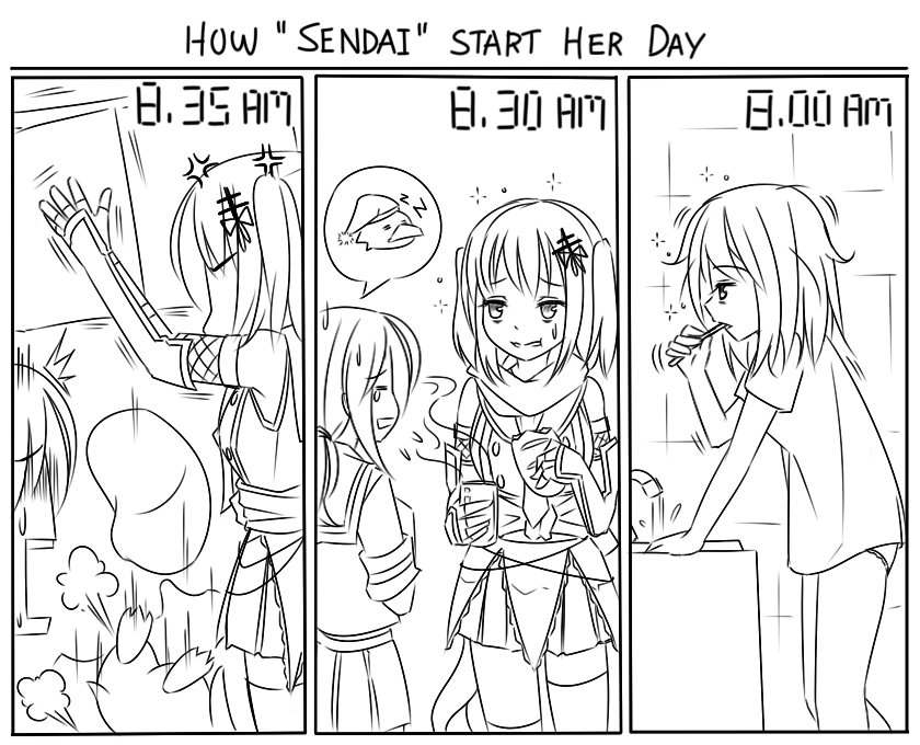 1boy 2girls =_= ^^^ admiral_(kancolle) anger_vein bird box bread brushing_teeth dropping eating english_text faucet food fubuki_(kancolle) greyscale guin_guin hair_down hair_ornament hairclip kantai_collection long_hair medium_hair messy_hair monochrome multiple_girls non-human_admiral_(kancolle) penguin ponytail school_uniform sendai_(kancolle) serafuku sink skirt sleepy tears toothbrush two_side_up