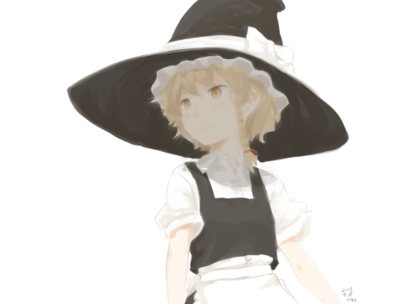 1girl alternate_hair_length alternate_hairstyle apron black_vest blonde_hair bow braid closed_mouth commentary hat hat_bow kawashina_(momen_silicon) kirisame_marisa shirt short_hair short_sleeves side_braid simple_background solo touhou upper_body vest waist_apron white_background white_bow white_shirt witch_hat yellow_eyes