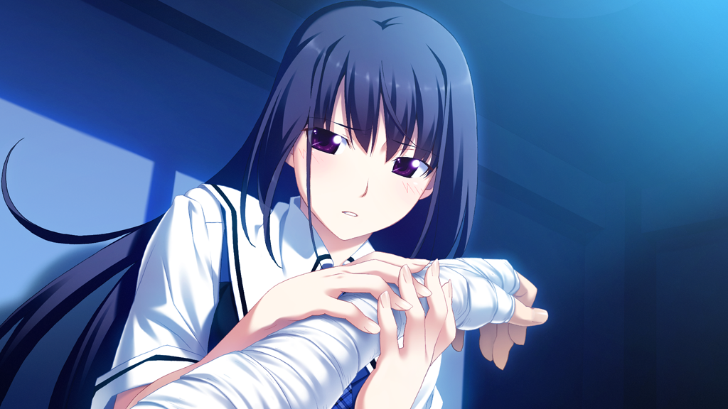 1boy 1girl bandaged_arm bandaged_hand bandages black_hair blue_necktie blush broken_arm cast game_cg grisaia_(series) grisaia_no_kajitsu holding_another&#039;s_wrist indoors kazami_yuuji long_hair looking_at_viewer necktie non-web_source parted_lips plaid_clothes plaid_necktie pov pov_hands purple_eyes sailor_collar sakaki_yumiko shirt short_sleeves solo_focus upper_body variant_set very_long_hair watanabe_akio white_sailor_collar white_shirt