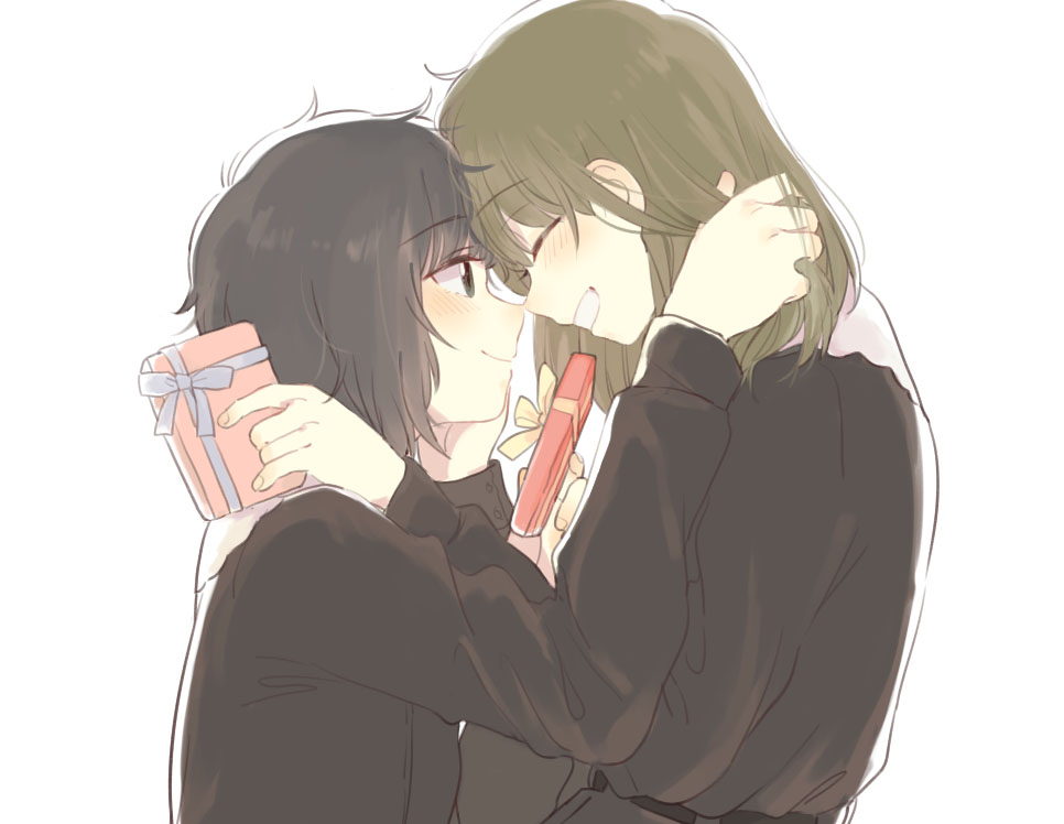 2girls ^_^ box brown_hair closed_eyes face-to-face facing_another flowers_(innocent_grey) gift gift_box grin hand_in_another&#039;s_hair holding holding_gift keiya looking_at_another medium_hair multiple_girls school_uniform short_hair simple_background smile takasaki_chidori white_background yaegaki_erika yuri