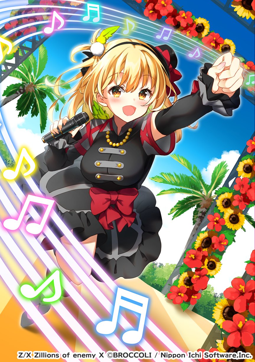 1girl beamed_eighth_notes beamed_sixteenth_notes black_dress black_hat blonde_hair blue_sky bow breasts cana_(z/x) clenched_hand cloud cloudy_sky copyright_notice detached_sleeves dress dress_bow eighth_note feathered_wings flower green_wings hair_ornament hat highres holding holding_microphone large_breasts looking_at_viewer medium_hair microphone mini_hat mini_wings musical_note musical_staff official_art open_clothes outdoors outstretched_arm palm_tree pom_pom_(clothes) pom_pom_hair_ornament red_bow sky stage standing standing_on_one_leg sunflower tree wings yaki_mayu yellow_eyes z/x