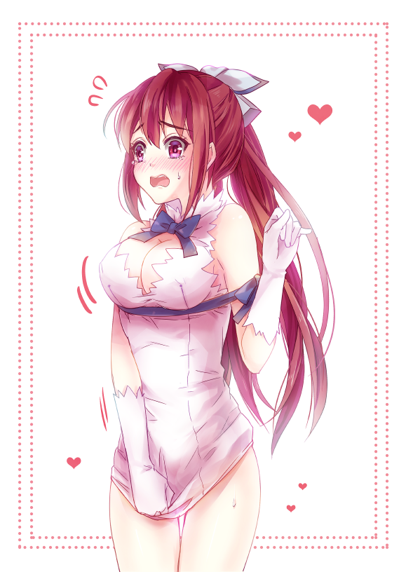 1girl blue_neckwear blue_ribbon blush bow breasts cleavage cosplay cowboy_shot dress dress_tug embarrassed female_focus free! gloves grey_bow hair_between_eyes hair_bow heart hestia_(danmachi) hestia_(danmachi)_(cosplay) large_breasts long_hair matsuoka_gou momoko_(momoko14) pink_eyes ponytail red_hair rei_no_himo ribbon short_dress sleeveless sleeveless_dress solo standing sweatdrop thigh_gap very_long_hair wavy_mouth white_background white_dress white_gloves