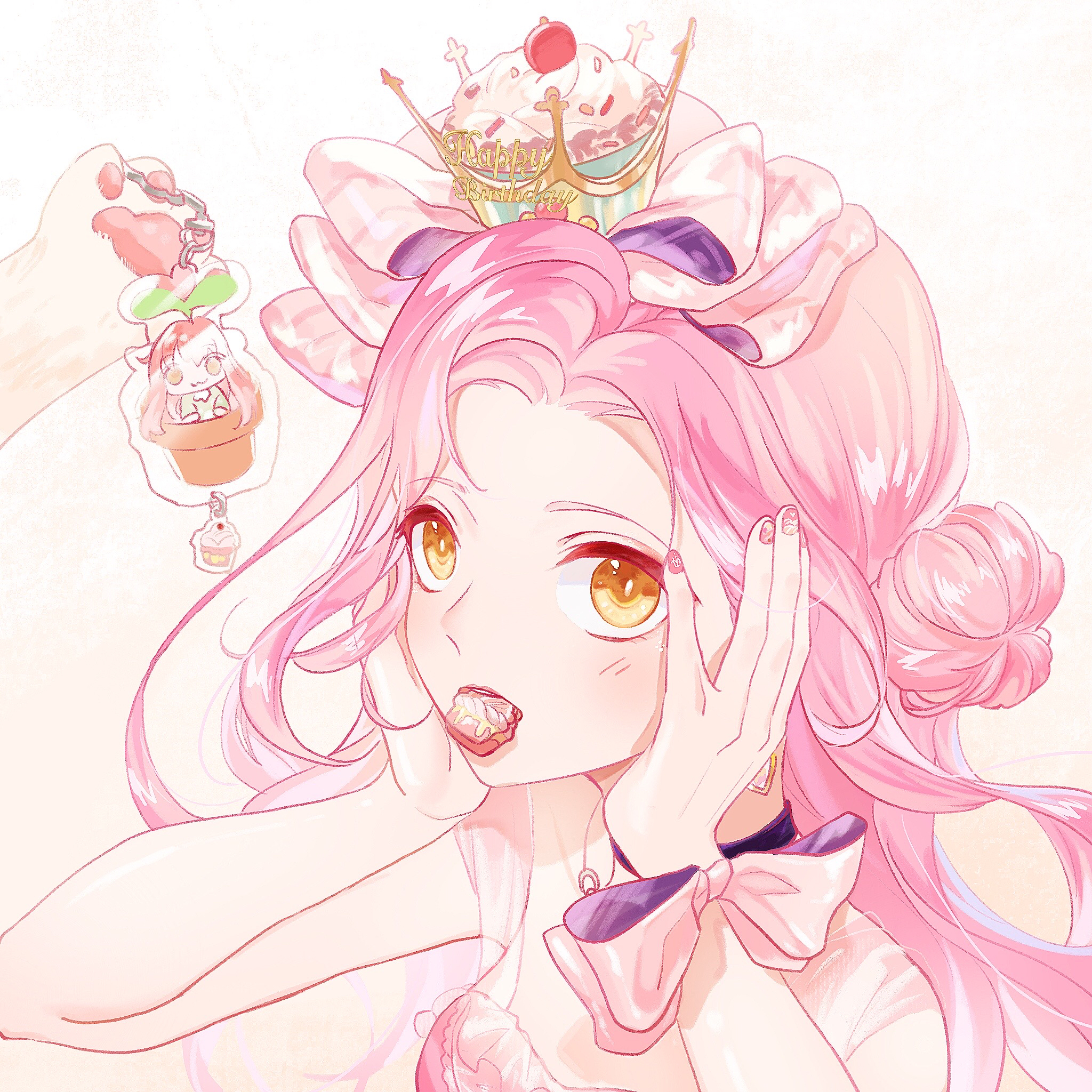 1girl bare_shoulders birthday black_choker bow bright_pupils brown_eyes cat character_charm charm_(object) chinese_commentary choker collarbone commentary_request confeitoo crown dress earrings food-themed_hat food_charm food_in_mouth gold_earrings gradient_background hair_bun hands_on_own_cheeks hands_on_own_face happy_birthday highres holding holding_charm jewelry light_blush lipstick long_hair looking_at_viewer makeup momo_(nikki) nail_art nail_polish nikki_(nikki) nikki_(series) open_mouth parted_bangs pawpads pink_bow pink_dress pink_hair pink_nails red_lips shining_nikki single_side_bun sleeveless sleeveless_dress solo_focus upper_body wavy_hair white_background white_cat white_pupils wrist_bow