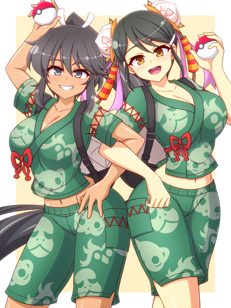 2girls alternate_costume arm_up backpack bag baozi_hair_ornament bikini_tan black_hair blush bow breasts bun_(food) chinese_clothes cleavage collarbone dark-skinned_female dark_skin double_bun firecrackers food food-themed_hair_ornament green_eyes green_pants green_shirt grin groin hair_between_eyes hair_bun hair_ornament hair_ribbon hand_up high_ponytail holding holding_poke_ball homura_(senran_kagura) japanese_clothes large_breasts locked_arms long_hair looking_at_viewer meimei_(senran_kagura) midriff_peek multiple_girls navel nintendo open_mouth orange_eyes pants poke_ball poke_ball_(basic) pokemon pokemon_sv ponytail purple_ribbon red_bow red_ribbon ribbon senran_kagura senran_kagura_new_wave senran_kagura_shoujo-tachi_no_shin&#039;ei shiny_skin shirt short_hair short_sleeves shorts sidelocks smile steamed_bun tan tanline teeth tongue upper_teeth_only very_long_hair white_ribbon zetsumu
