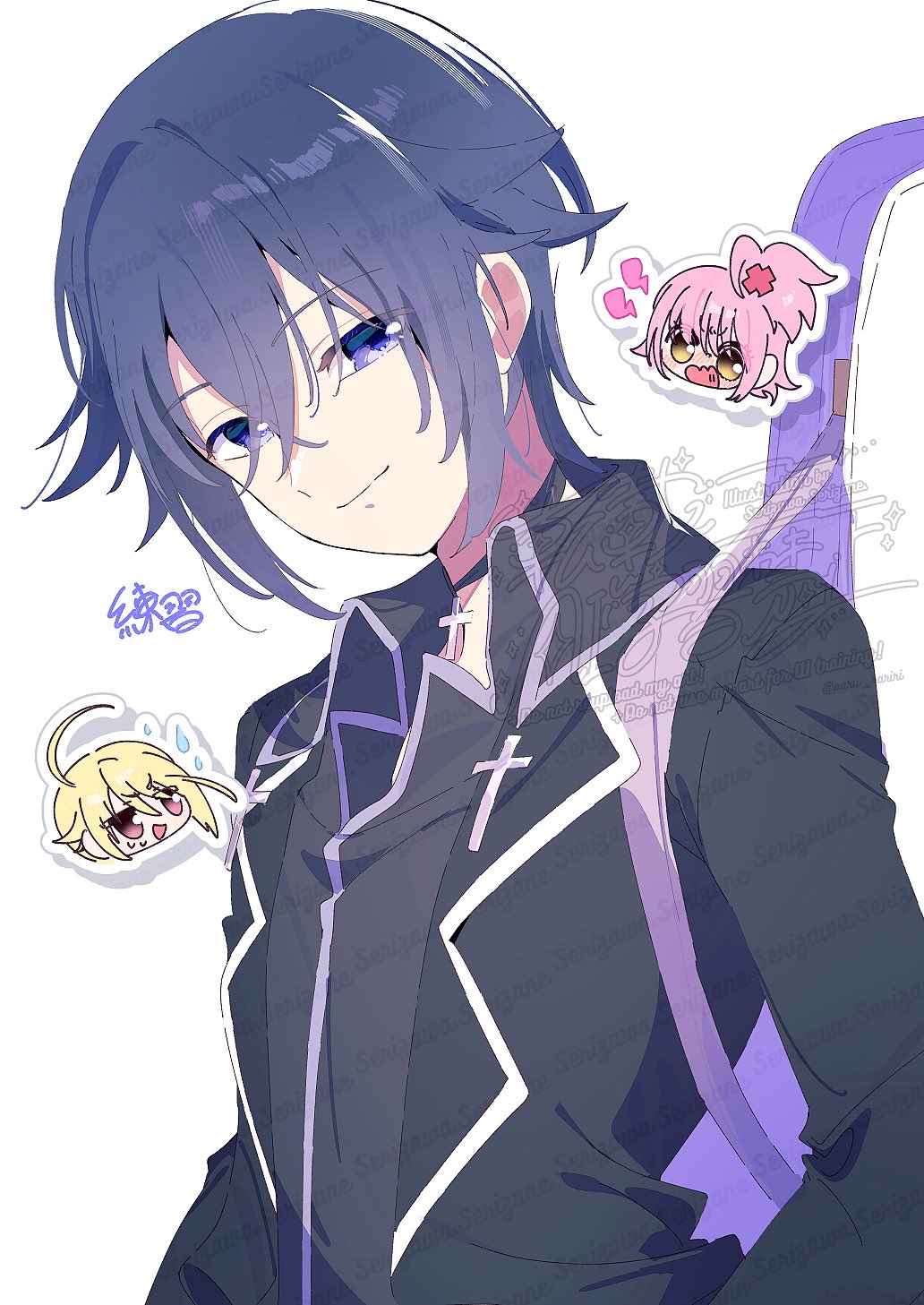 1girl 2boys ahoge black_choker black_jacket black_shirt blonde_hair blue_hair choker closed_mouth collared_jacket collared_shirt commentary_request cross cross_choker cross_pin guitar_case hair_between_eyes hair_ornament happy head_only highres hinamori_amu hotori_tadase instrument_case jacket lapels long_sleeves male_focus multiple_boys notched_lapels one_side_up open_clothes open_jacket pink_hair pointy_nose purple_eyes serizawa_serizane shirt short_hair shout_lines shugo_chara! simple_background smile solo_focus sweatdrop tsukiyomi_ikuto twitter_username upper_body watermark watermark_grid white_background x_hair_ornament