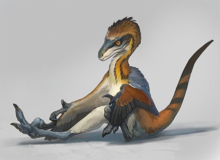animal_focus claws dinosaur feathered_wings from_side full_body grey_background nablange no_humans orange_eyes original raptor simple_background sitting solo tail talons wings