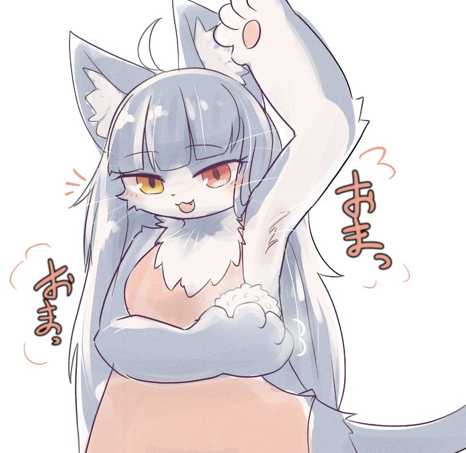 1girl animal_ear_fluff arm_up armpit_onigiri armpits blush cat_girl dress food furry furry_female heterochromia japan_air_self-defense_force_omaezaki_sub-base long_hair looking_at_viewer omaneko onigiri open_mouth pawpads ragu_(apricolor) red_dress simple_background solo translation_request very_long_hair white_background