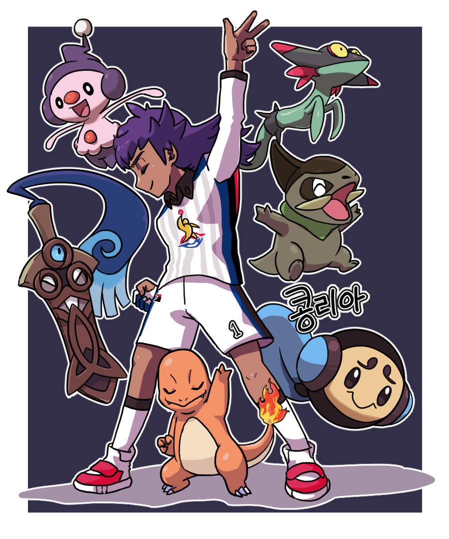 1boy aged_down arm_up axew charizard_pose charmander closed_eyes closed_mouth collared_shirt commentary dark-skinned_male dark_skin dreepy gen_1_pokemon gen_4_pokemon gen_5_pokemon gen_6_pokemon gen_8_pokemon gigobyte350 gym_challenge_uniform honedge knees legs_apart leon_(pokemon) long_hair male_focus mime_jr. nintendo pokemon pokemon_(creature) pokemon_swsh purple_hair shirt shoes shorts smile socks standing tympole white_footwear white_shirt white_shorts white_socks