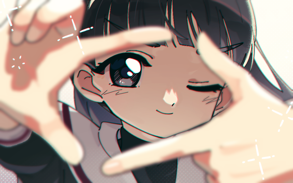 1girl ;) black_eyes black_hair black_shirt blunt_bangs blurry blurry_foreground cardcaptor_sakura closed_mouth daidouji_tomoyo long_sleeves looking_at_viewer nzeneee one_eye_closed outstretched_arms portrait sailor_collar sailor_shirt school_uniform shirt smile solo tomoeda_elementary_school_uniform white_sailor_collar