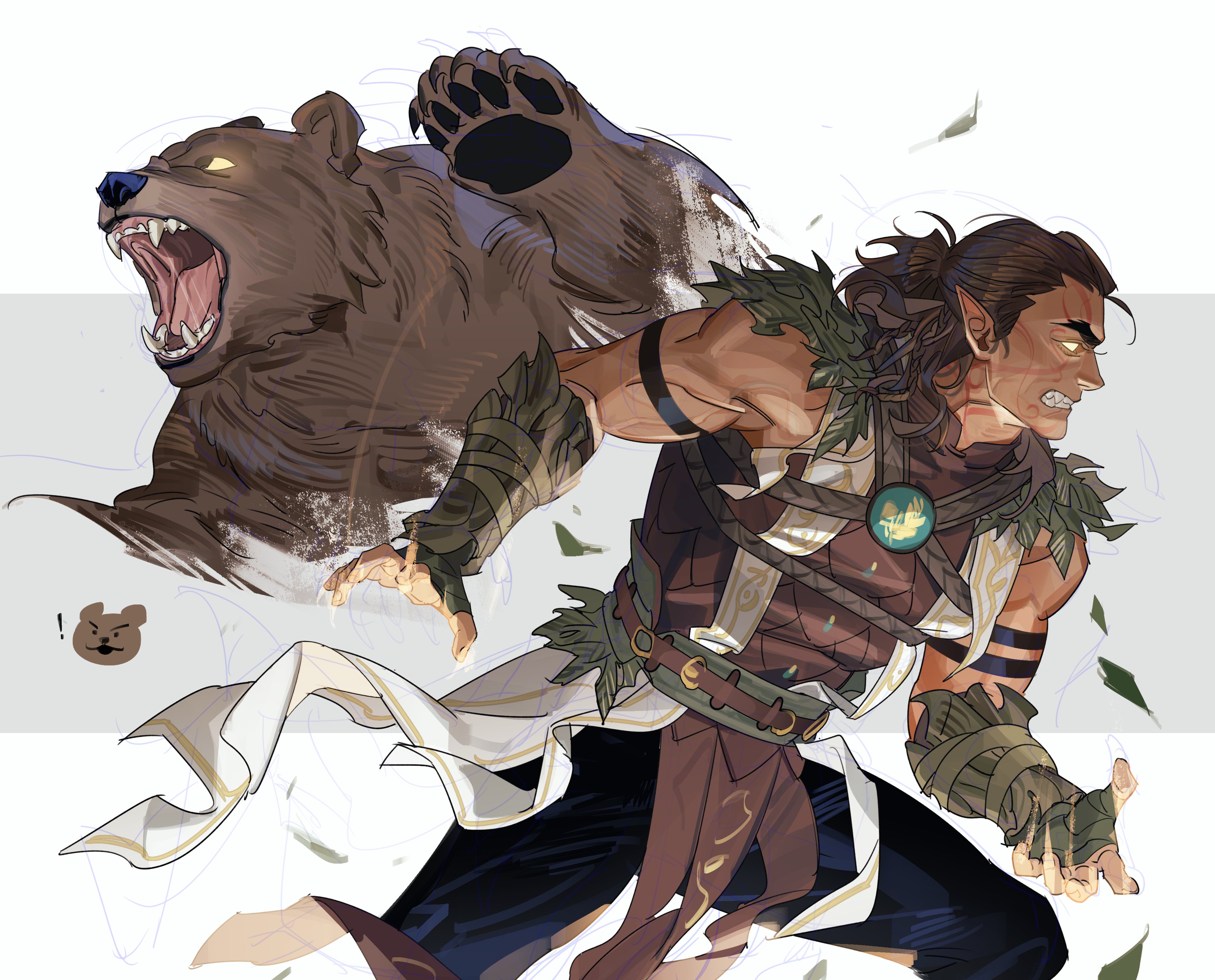 1boy absurdres baldur's_gate baldur's_gate_3 bara bear belt black_claws blue_pants braid brown_bear brown_hair claws colored_skin dark-skinned_male dark_skin dungeons_&_dragons elf facial_tattoo fingerless_gloves gloves glowing glowing_eyes green_gloves greensalad350 grey_background half_updo halsin highres leaf male_focus mature_male medium_hair muscular muscular_arms muscular_male pants pointy_ears side_braids simple_background solo solo_focus tattoo thick_eyebrows transformation two-tone_background vambraces vest white_background