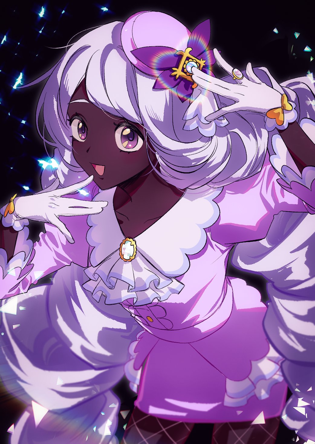 1girl \||/ arm_up ascot black_background bow brooch cowboy_shot dark-skinned_female dark_skin dress fascinator fishnet_pantyhose fishnets frilled_ascot frilled_dress frills gem glove_bow gloves gold_ring hand_to_own_mouth hand_up heart heart_ring highres jacinthe_(pokemon) jewelry juliet_sleeves leaning_forward long_hair long_sleeves looking_at_viewer low_drills mega_stone nintendo open_mouth pantyhose pokemon pokemon_legends:_z-a puffy_sleeves purple_dress purple_eyes purple_hair smile solo sparkle very_dark_skin wasabi_yttd white_gloves yellow_bow