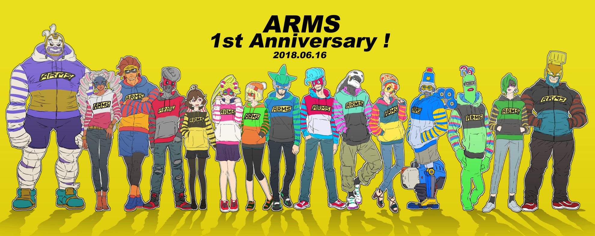 2018 6+boys 6+girls anniversary arms_(game) barq beanie blonde_hair blue_hair brown_hair byte_(arms) casual colored_skin dark-skinned_female dark-skinned_male dark_skin denim dna_man_(arms) domino_mask dr._coyle everyone green_hair hands_in_pockets hat highres hood hoodie jeans kid_cobra lola_pop mask master_mummy_(arms) max_brass mechanica_(arms) min_min_(arms) misango monster multiple_boys multiple_girls ninjara_(arms) nintendo pants purple_skin ribbon_girl_(arms) robot shorts sjw_kazuya spring_man_(arms) springtron standing twintelle_(arms) yellow_background