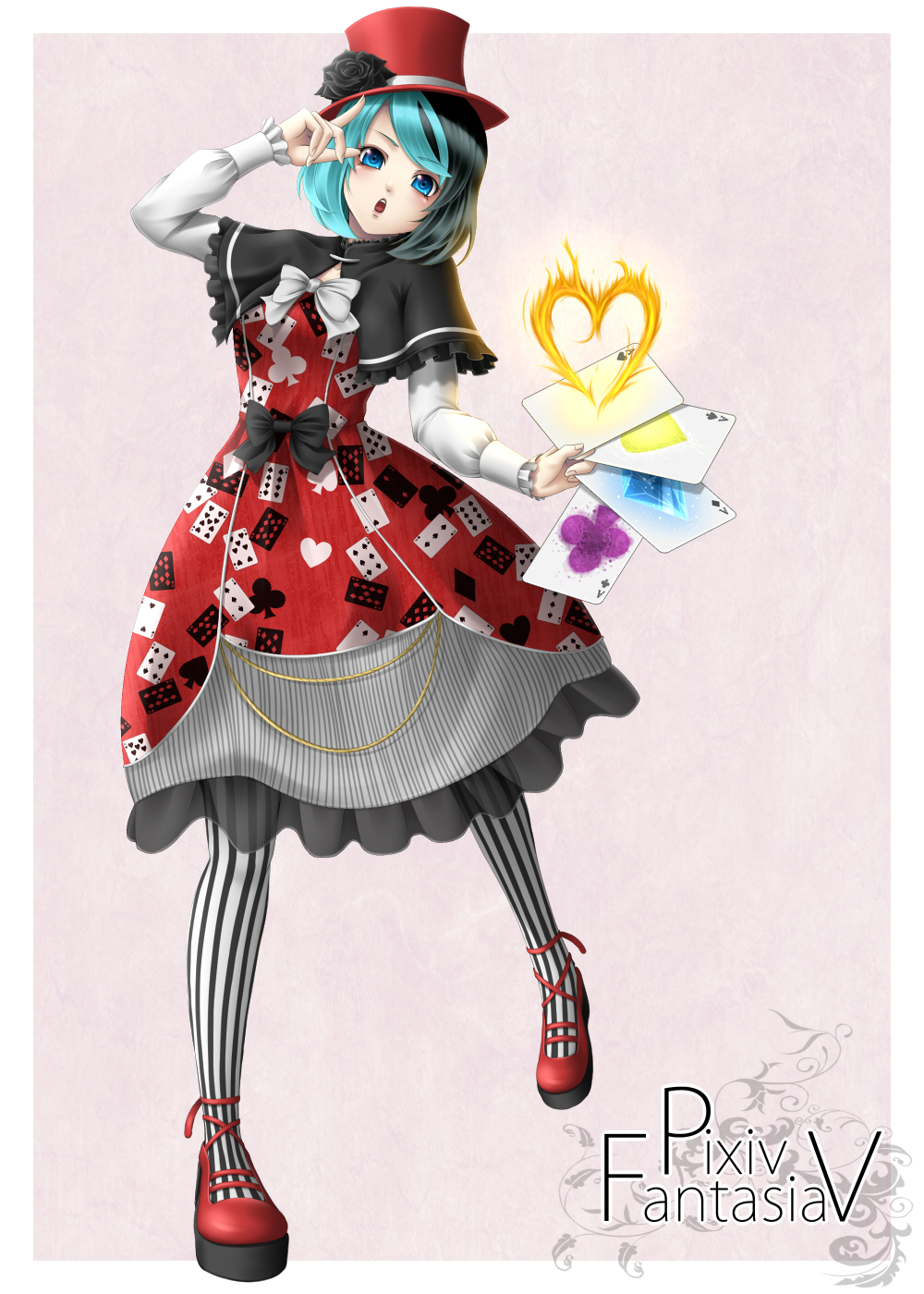 1girl aqua_hair bad_id bad_pixiv_id black_flower black_hair black_rose blue_eyes capelet card club_card clubs copyright_name diamond_(shape) diamond_card dress female_focus fire flower hat heart heart_card highres holding holding_card mary_janes mochi.f multicolored_hair original pantyhose patterned_legwear pixiv_fantasia pixiv_fantasia_5 playing_card print_dress red_shoes rose shoes solo spade spade_card striped_clothes striped_pantyhose top_hat two-tone_hair vertical-striped_clothes vertical-striped_pantyhose