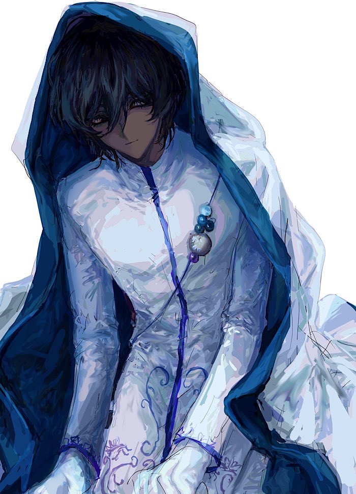 1boy arjuna_(fate) black_hair blanket dark-skinned_male dark_skin fate/grand_order fate_(series) gloves hair_between_eyes indian_clothes long_sleeves looking_at_viewer male_focus ngg_n short_hair simple_background smile solo under_covers white_background