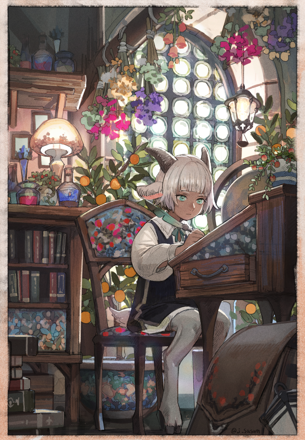 ambiguous_gender animal_ears aqua_eyes backpack bag book bookshelf chair commentary_request dark_skin digitigrade drawer flower goat_ears goat_horns goat_legs goat_tail hanging_flower highres hooves horizontal_pupils horns indoors lamp lantern original plant potted_plant quill sasumata_jirou shelf sitting vial white_hair window writing