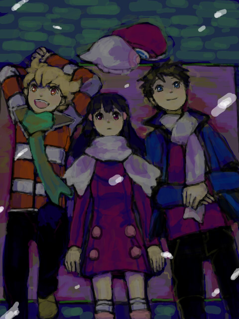 00s 1girl 2boys alternate_costume bad_id bad_pixiv_id barry_(pokemon) beanie beret black_hair blanket blonde_hair boots creatures_(company) dark dawn_(pokemon) game_freak hat long_hair lucas_(pokemon) lying multiple_boys nintendo on_back pokemon pokemon_dppt scarf sett snowflakes snowing unworn_hat unworn_headwear winter_clothes yo_mo