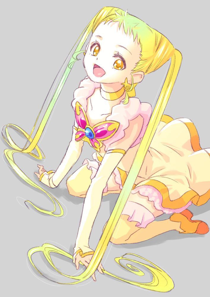 1girl :d blonde_hair brooch butterfly_brooch choker commentary_request cure_lemonade dress earrings eyelashes gloves grey_background happy jewelry jj_(ssspulse) kasugano_urara_(yes!_precure_5) long_hair looking_at_viewer magical_girl open_mouth precure simple_background smile solo thighhighs thighs twintails very_long_hair yellow_choker yellow_dress yellow_eyes yellow_thighhighs yes!_precure_5